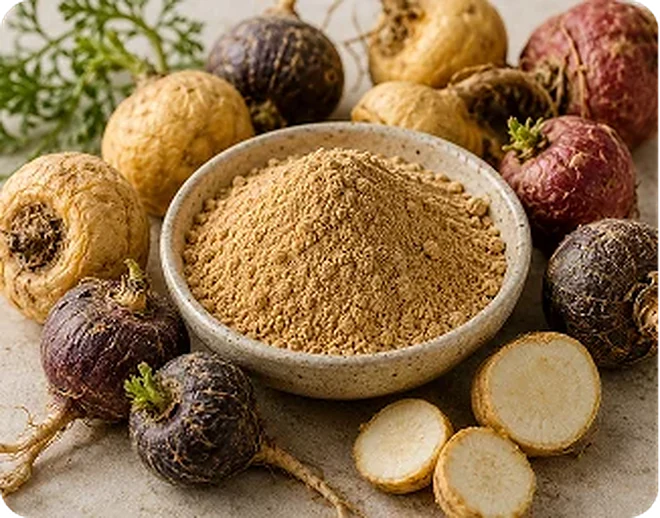 Whole maca beside the powder it becomes. Colour varies a great deal from one tuber to the next.